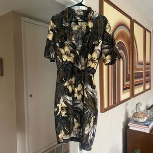 Vintage 80s collared tropical floral wrap midi dress